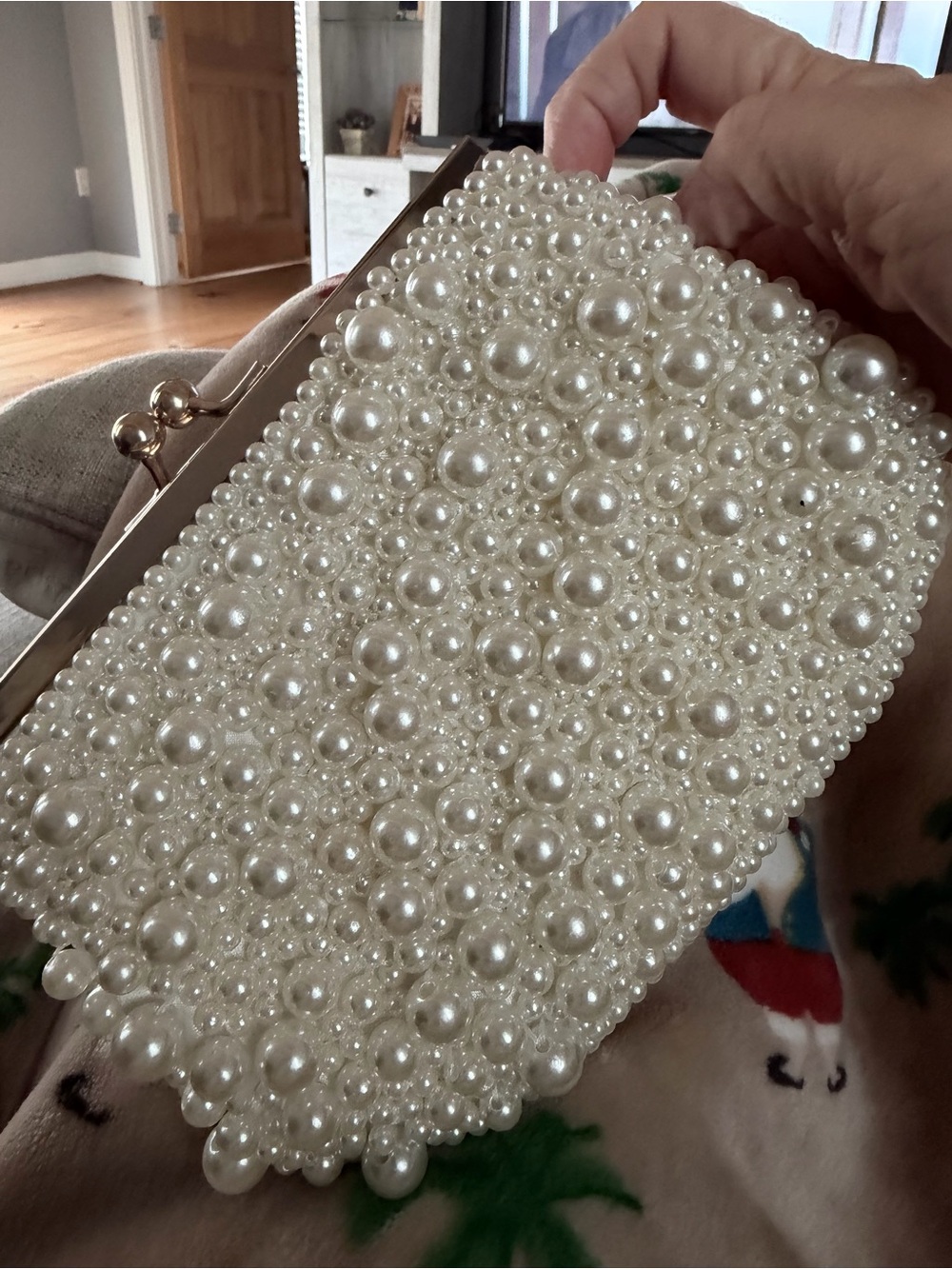 Natasha Couture Faux Pearl-Embellished Cream Evening Purse with Gold Chain